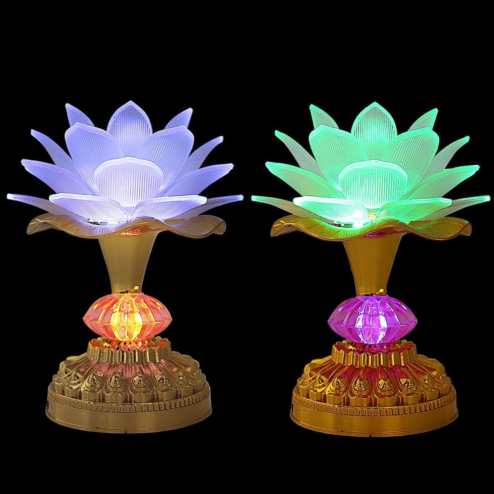 LACGO Pack of 2 LED Lotus Buddhist Lights Color-Changing Gradient Buddha Lotus Lamps Plug in or Battery-Operated Buddhist Lamp Worship Prayer Faith Supply Things (3.3''W/5.5''H, White)