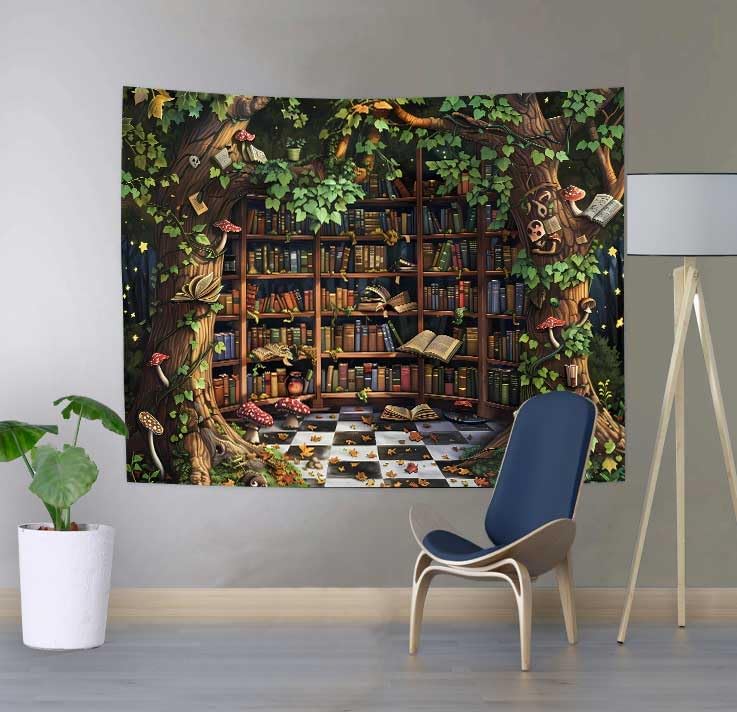 SHRAPHY Vintage Bookshelf Tapestry Dreamy Fairy Tale Wonderland Plants Forest Trees Tapestry Wall Hanging Vintage Medieval Library Books Tapestries for Bedroom 60x40 inches GTSXYUH006