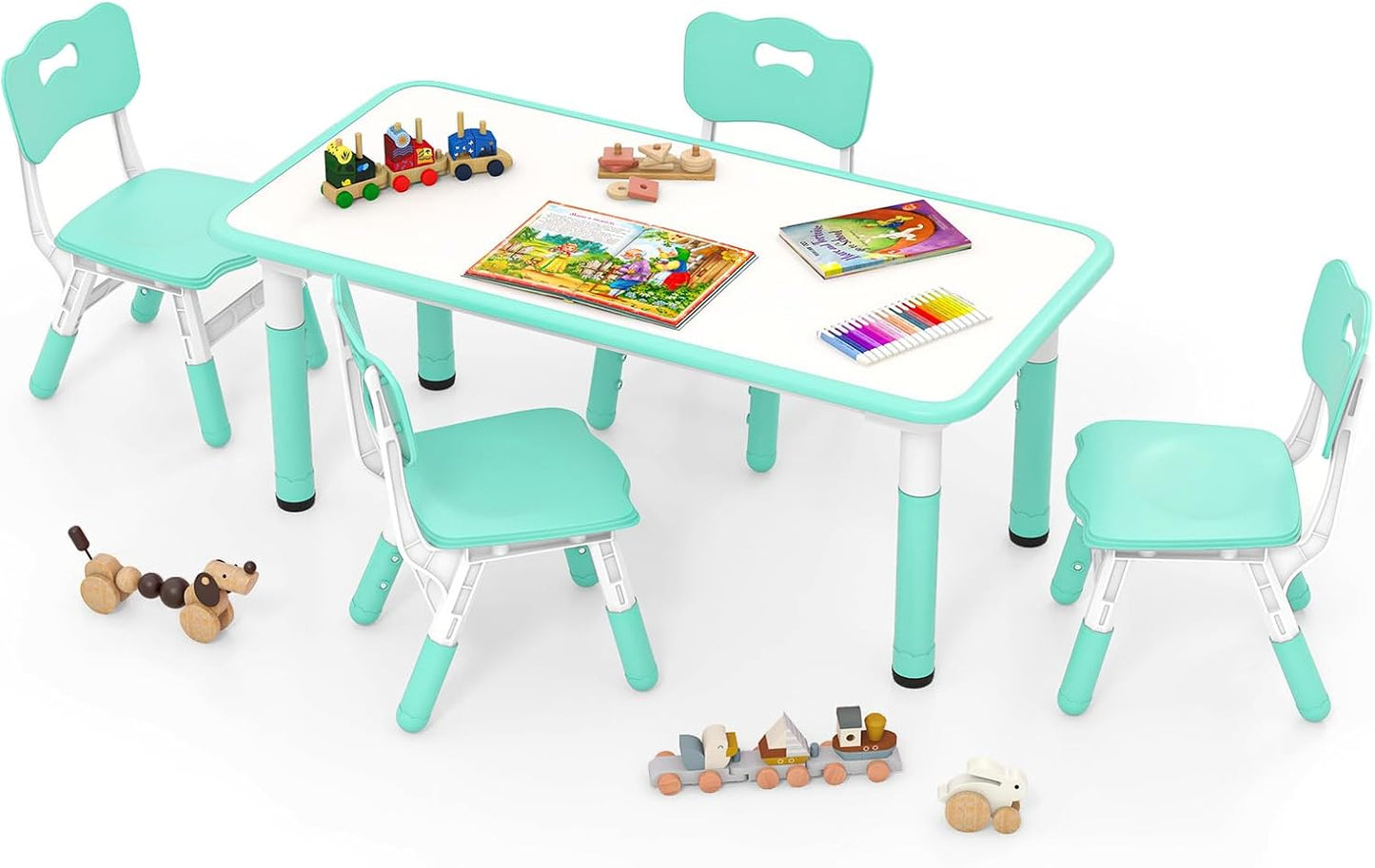 INFANS Kids Table and Chiar Set, Height Adjustable Toddler Desk and 4 Chairs with Graffiti Desktop Non-Slip Legs, Large 47" L x 23.5" W Multi-Activity Art Table for Daycare Classroom Home (Green)