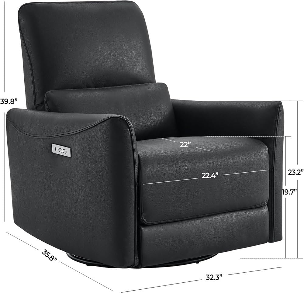 Black Power Swivel Rocker Recliner Chair with Lumbar Support, Easy Clean Leather Oversized Electric Armchair, Modern Home Theater Seating