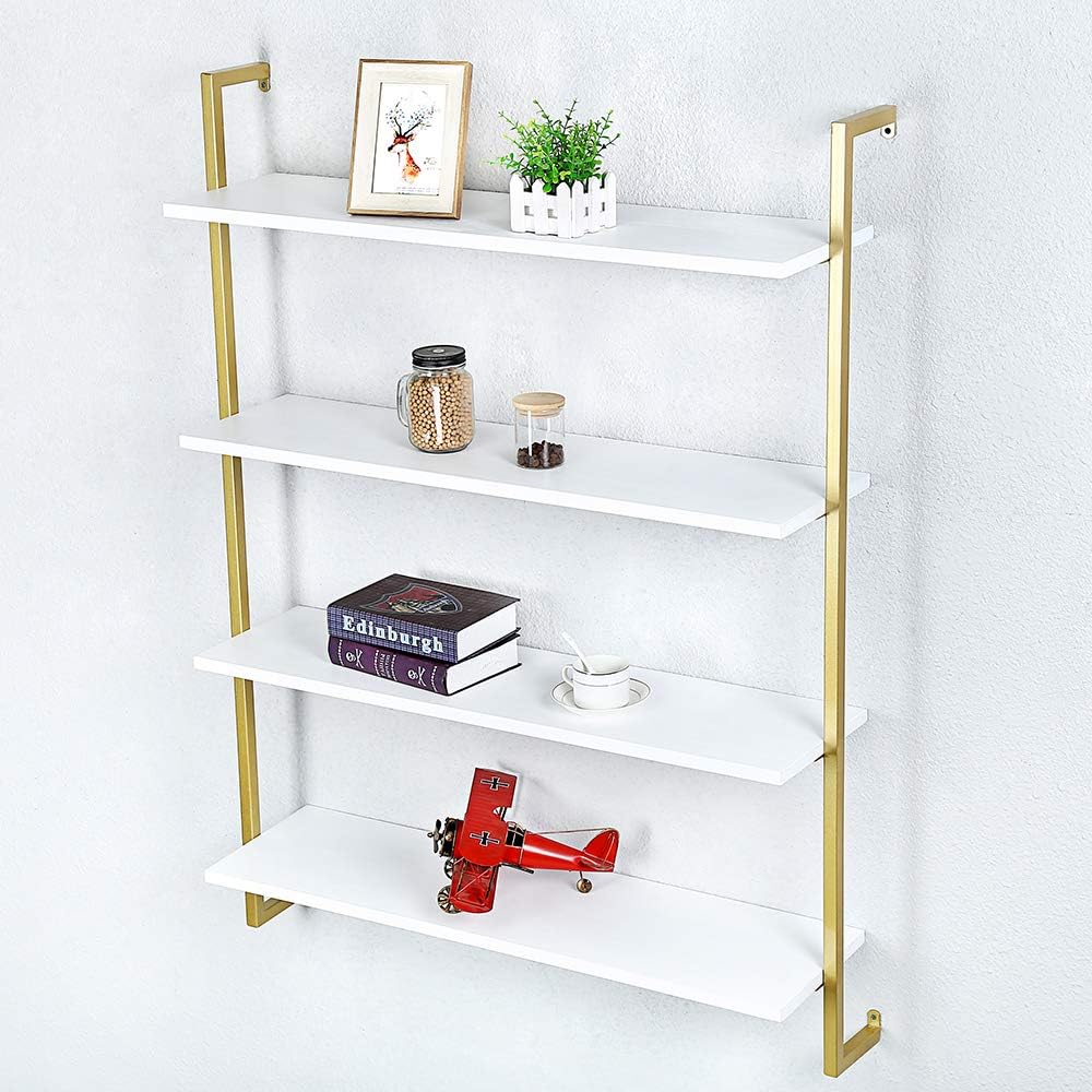Industrial Metal Wall Shelf,Floating Wood Shelves Wall Mounted,36in Real Wood Book Shelves,4 Tier for Bedrooms Office
