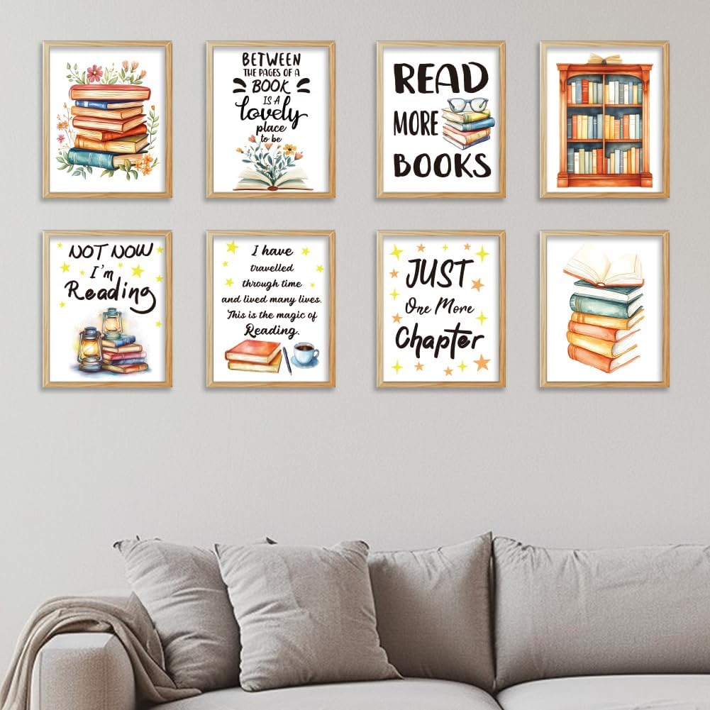 WEBEEDY 9 Styles Inspiring Reading Book Decor Books Wall Art Prints for Wall Aesthetic Library Decor Unframed Canvas Wall Art for Reading Room Living Room Office Home Book Party Decoration,8x10''