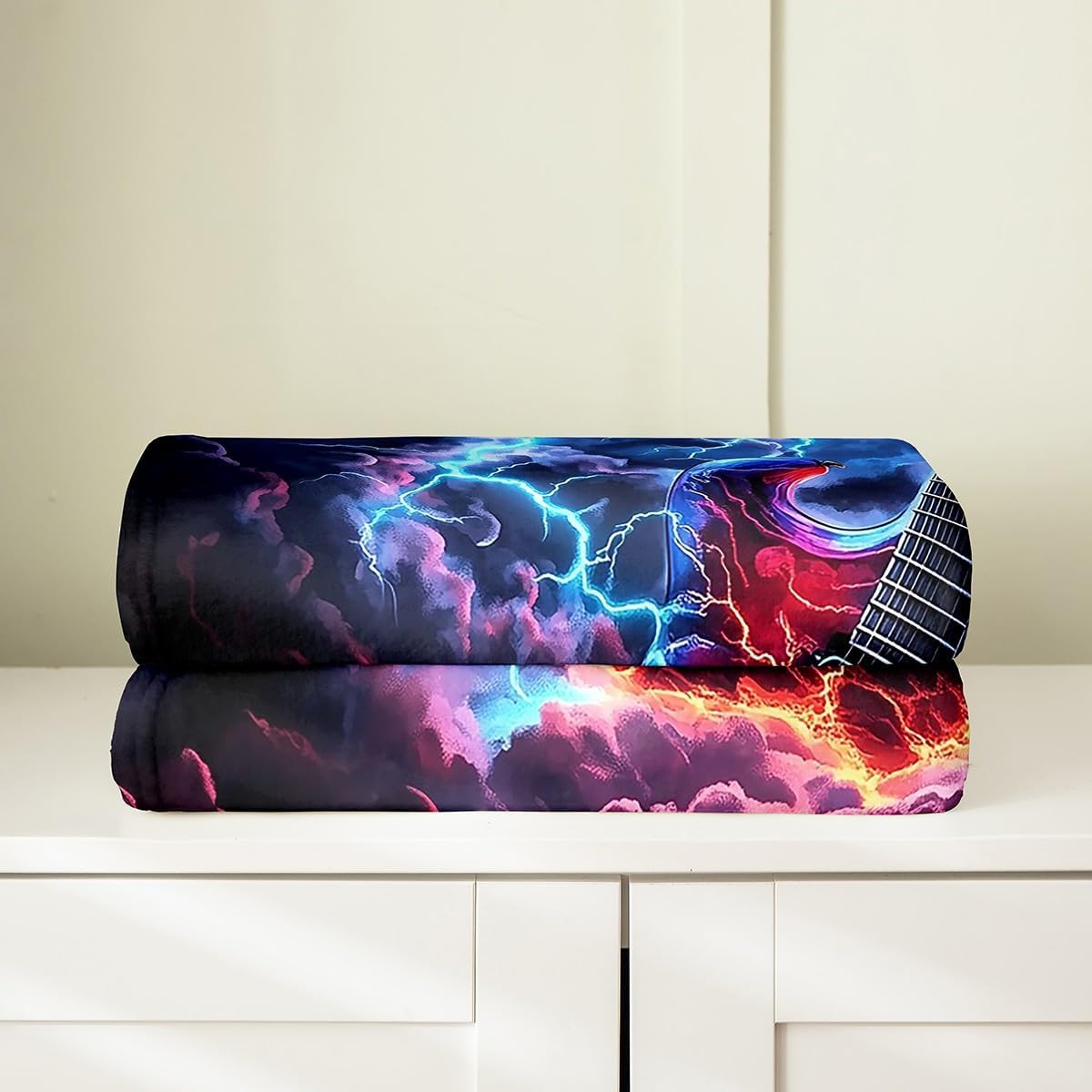 Electric Guitar Fleece Throw Blanket Soft Cozy Lightning Flame Flannel Blanket for Kids Women Adults Rock Music Plush Blanket Dark Clouds Fuzzy Blanket for Sofa Bed Couch(60x80 Inches)
