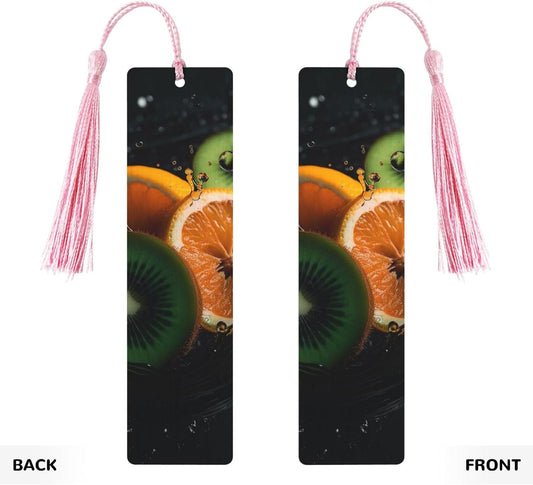 Kiwi and Orange Slices Bookmarks Gifts for Women Men, Wooden Bookmarks for Book Lovers, Vintage Book Marks Ornaments with Tassel, Unique Personalized Reading Page Markers Pink