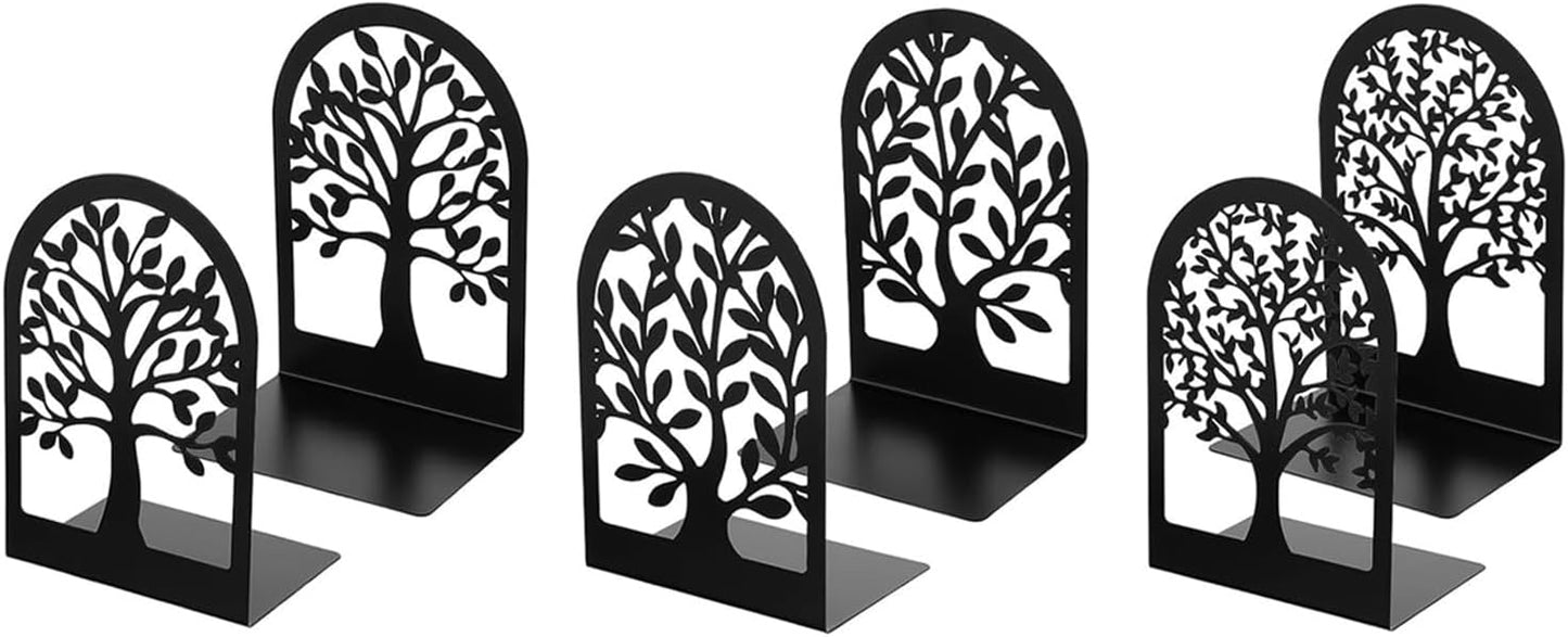 Book Ends Tree Design Modern Bookends for Shelves, Modern Metal Tree Book Ends for Shelves Decorative, Home Decorative Bookends for Home Office, 7 X 4.7 X 3.5 ”, Black, 3 Pairs/6 Pieces