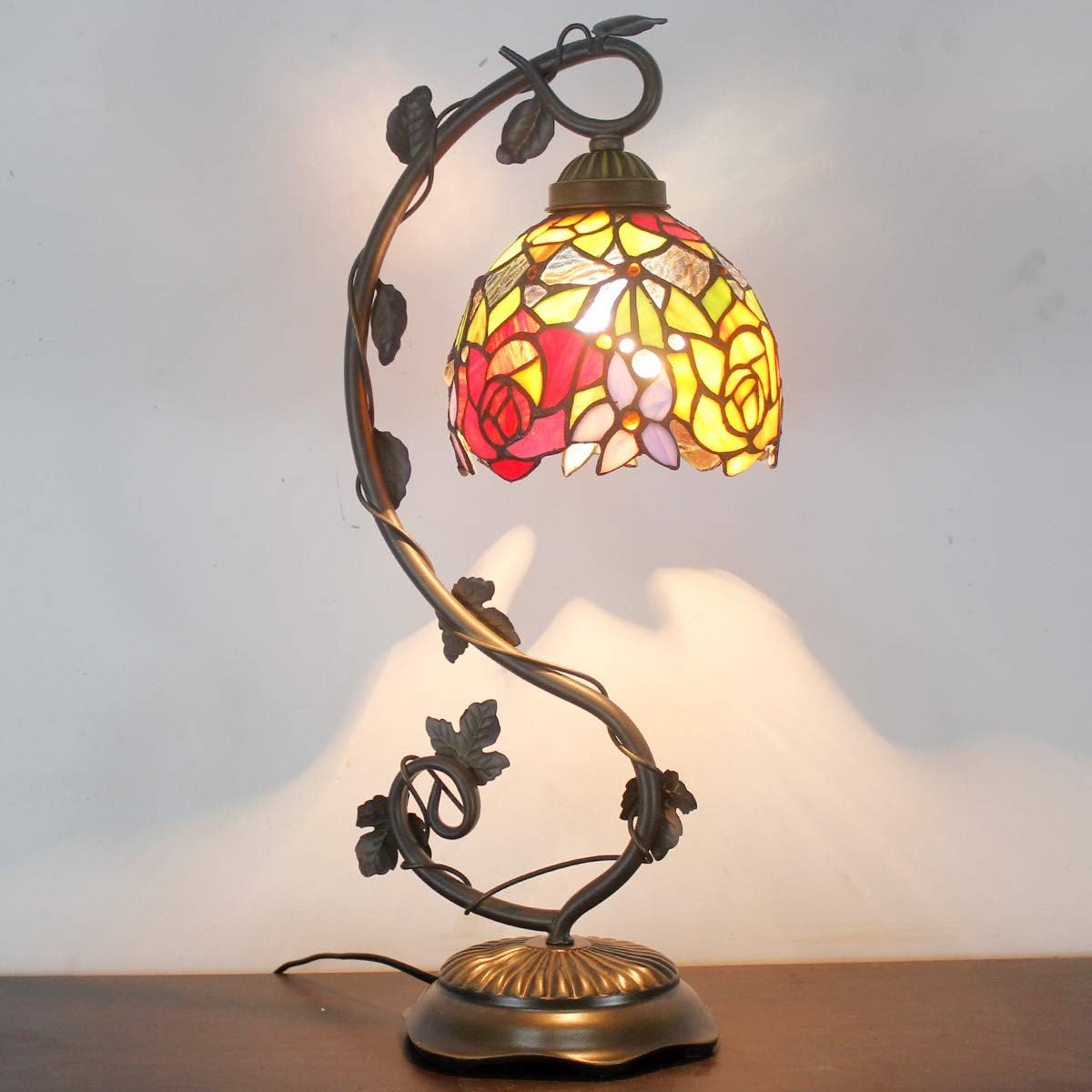 WERFACTORY Tiffany Table Lamp Red Rose Style Stained Glass Reading Desk Light with Metal Leaf Base 6X10X21 Inches Decor Small Space Bedroom Home Office S001 Series
