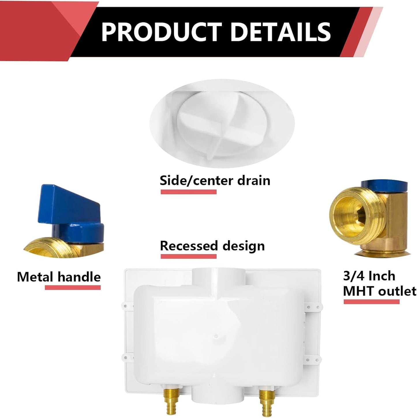 EFIELD Washing Machine Outlet Box, 1/2" Pex-A F1960 Expansion Connection x 3/4" MHT Connection, with Copper Water Hammer Arrestor, Center Drain with Brass 1/4 Turn Valves Installed,(WM013)