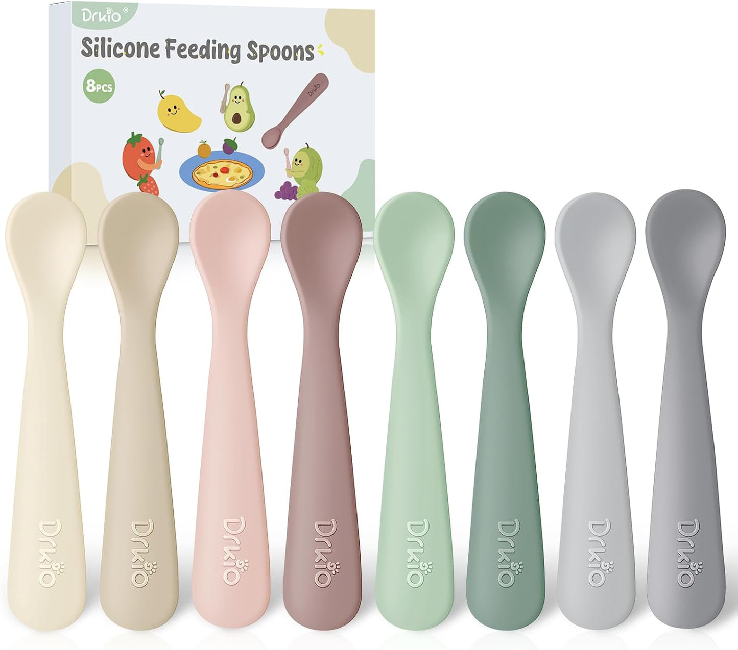 DRKIO 8-Piece Silicone Baby Spoons - Infant Spoons First Stage Self Feeding Baby Led Weaning Supplies Toddler Training Utensils Soft Chewable-Tip BPA-Free Dishwasher Safe Boil-proof