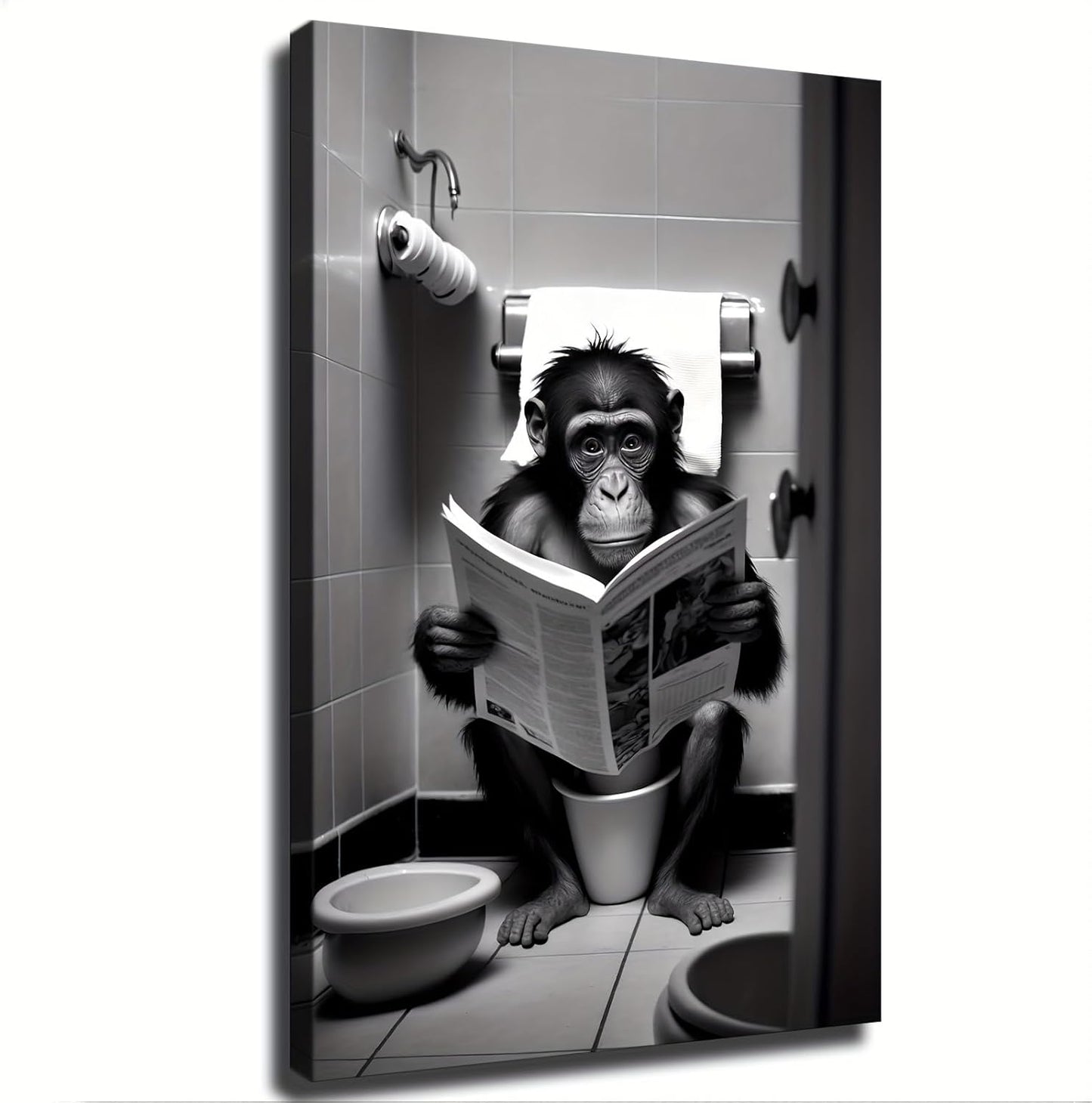 Monkey Sitting on the Toilet Reading a Newspaper, Funny Bathroom Canvas Wall Prints poster Modern Home Aesthetic Decor Wall art for Bedroom Dorm (16x24inch Framed)