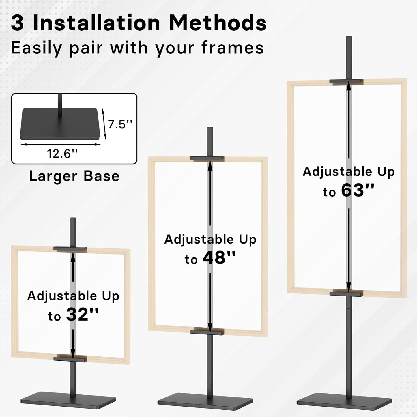 Adjustable Easel Stand for Picture Frames, Holds Frames Up to 63" Tall, Floor Heavy Duty Metal Display Holder Stand for Sign, Tabletop Sturdy Art Easel for Home, Office, Galler