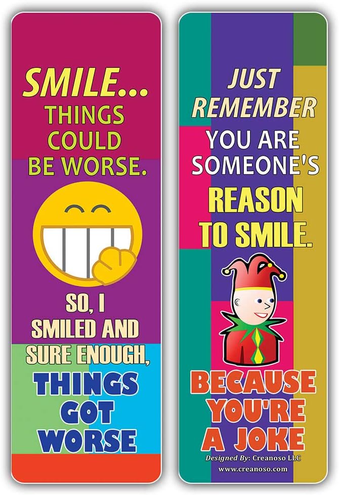 Creanoso Funny One Liners Jokes Happiness Bookmarks Series 3 (12-Pack) – Unique Stocking Stuffers Gifts for Men, Women, Unisex Adults – Cool Book Page Clippers Collection Set – Awesome Giveaways