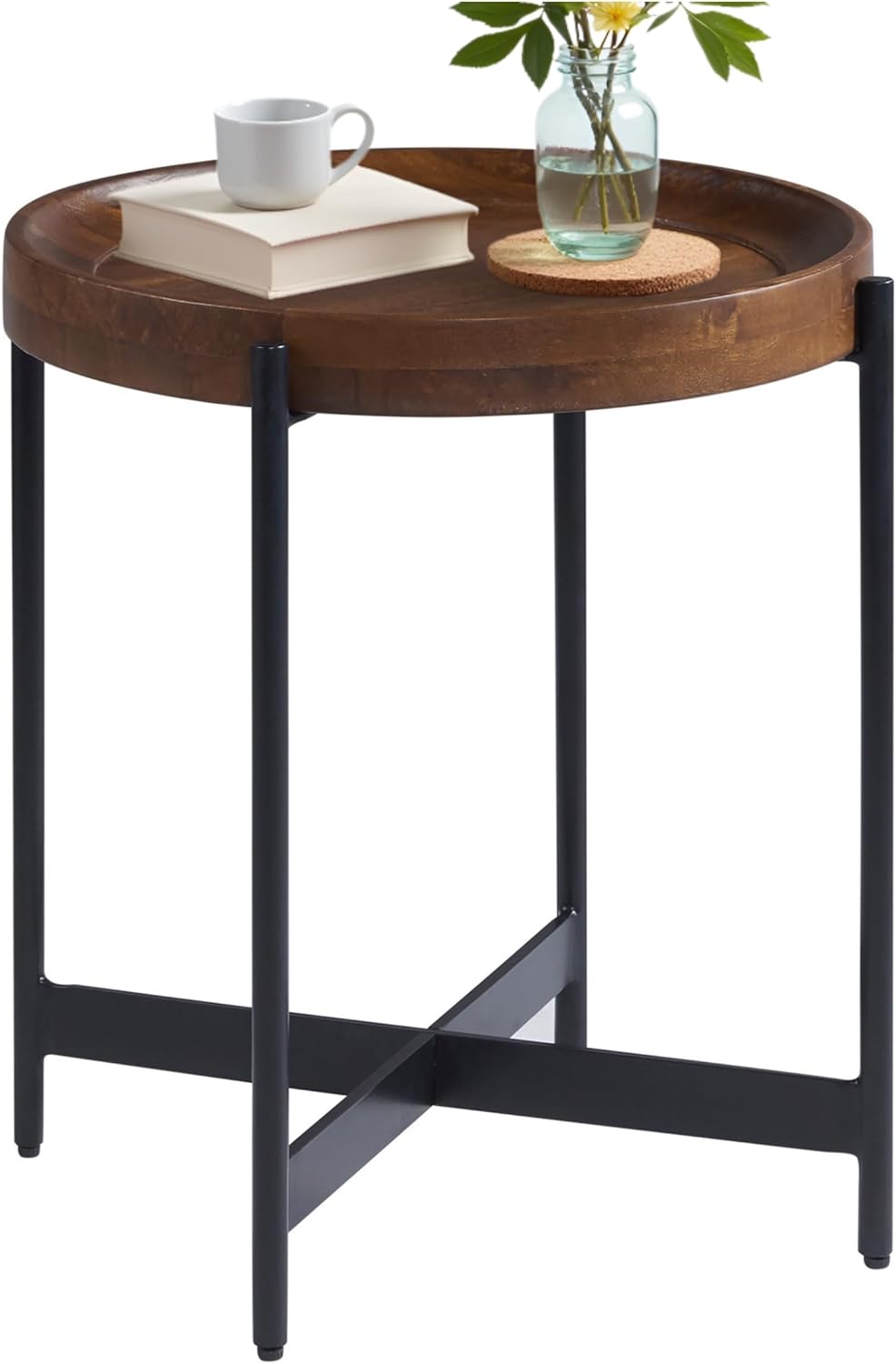 Brookline 20" Round Wood End Table – Solid Top with Tray Edge and Black Metal Legs – Rustic Farmhouse Accent Table for Living Room, Bedroom, or Small Spaces by Alaterre Furniture (Medium Chestnut)