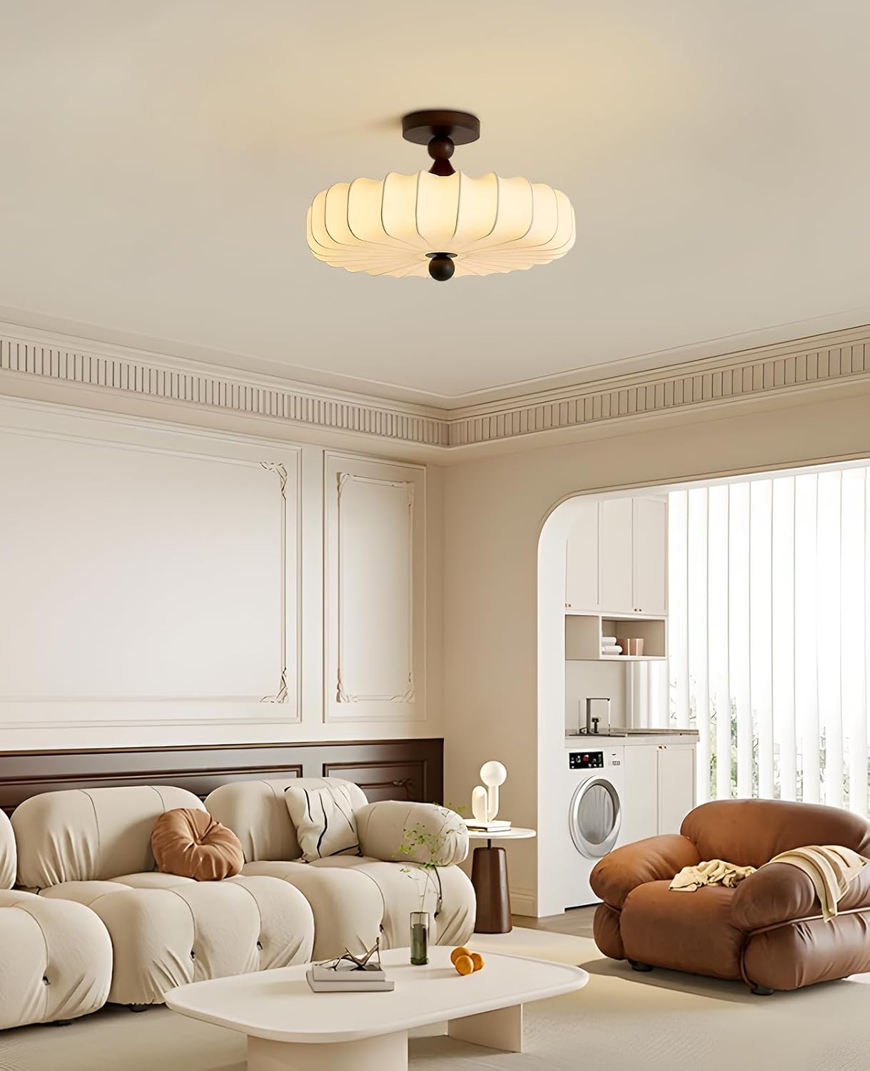 Fabric Lampshade Semi Flush Mount Ceiling Light with Wooden Accents,Brightness Dimmable & 3 Temperature,⌀ 11.8"