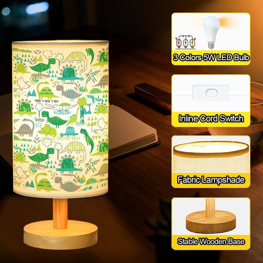 Dinosaur Kids Bedside Table Lamp for Bedroom, 3 Colors Nightstand Light Lamp with Wood Base Round Flaxen Fabric Shade Desk Reading Lamp for Girls Boys Room Decor, Dinosaur Nursery Stuff Boys Gifts