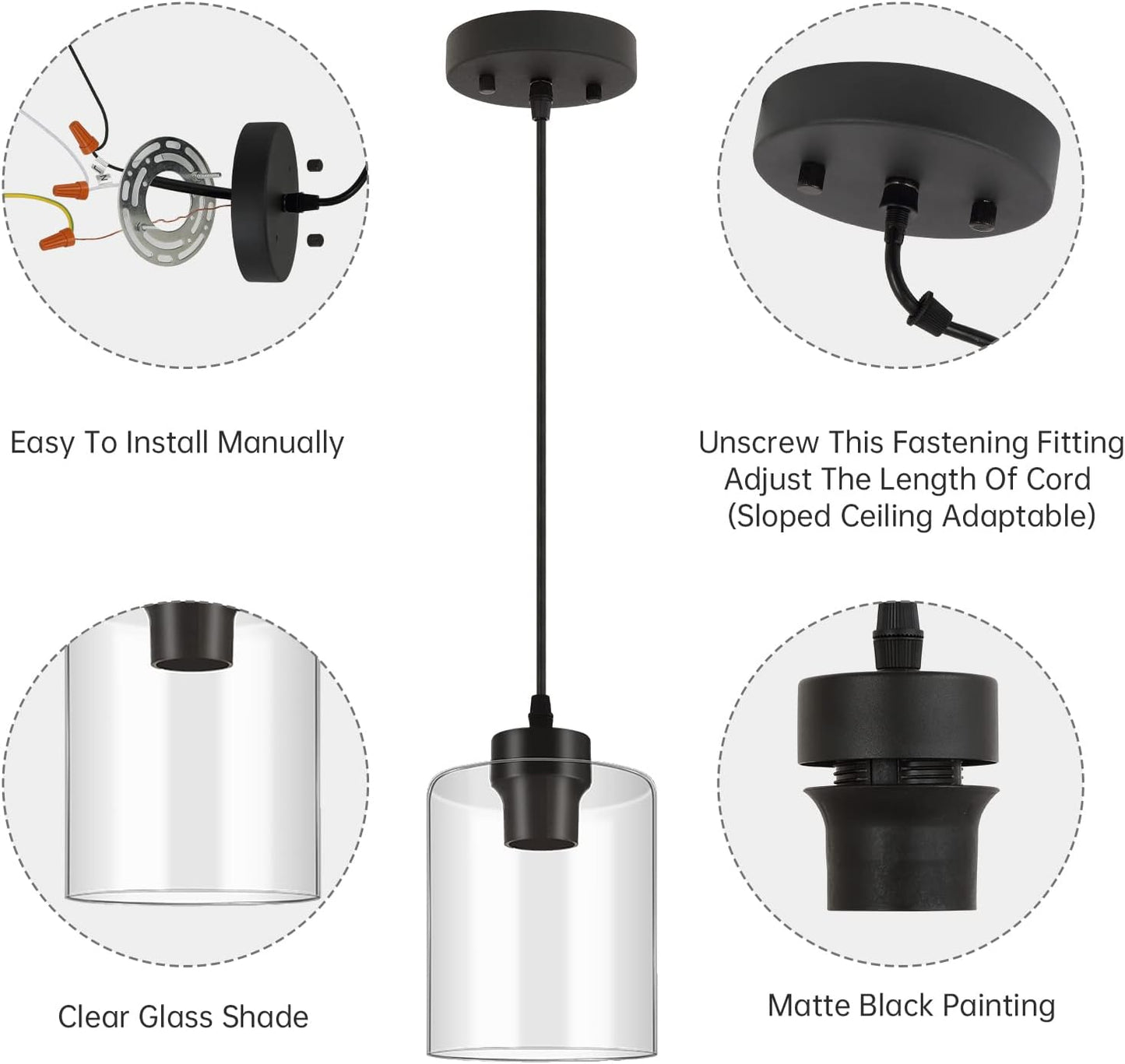 BoostArea Modern Pendant Light Fixtures, Industrial Hanging Ceiling Lamp with Clear Glass Shade, Farmhouse Black Pendant Lighting for Kitchen Island Decor Living Room Hallway Bedroom Dining Hall Bar