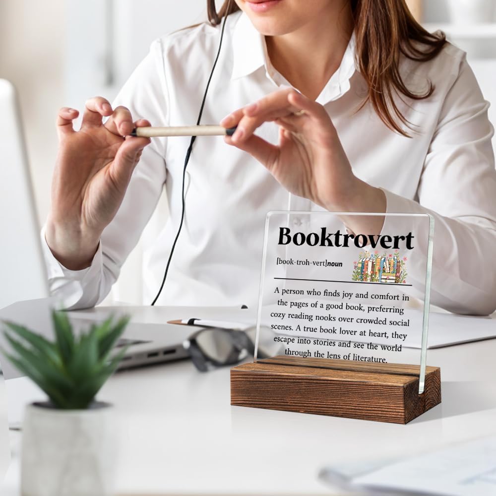 Booktrovert Definition Acrylic Sign with Wooden Stand, Book Lover Gifts for Women, Bookish Gifts for Bookworms Readers, Funny Teen Girl Bedroom D馗or, Library Decors?Librarian Nerd Decoration