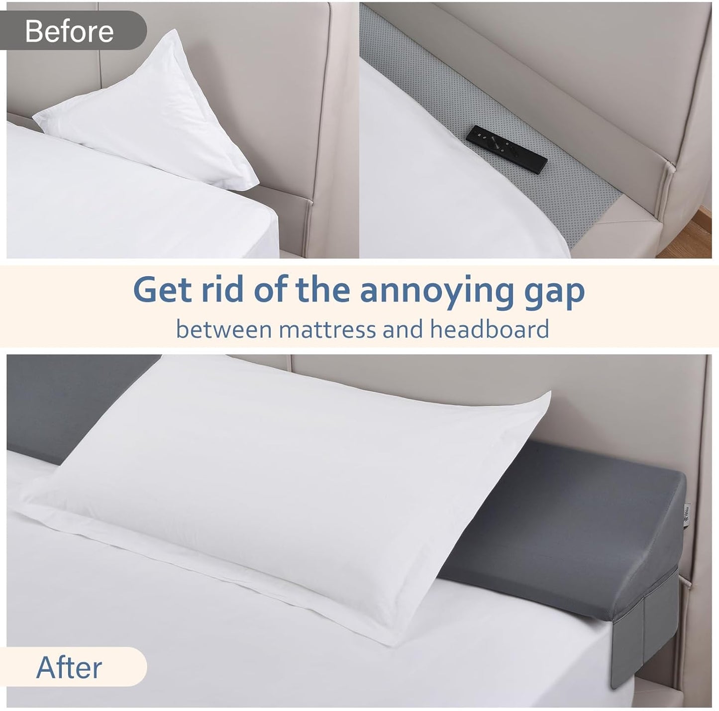 Vekkia Queen Bed Wedge Pillow for Headboard/Bed Gap Filler/Headboard Pillow,Pillow Wedge for Headboard Gap(0-6"),Bed Gap Pillow,Stop Loosing Your Pillows,Phone,Gray