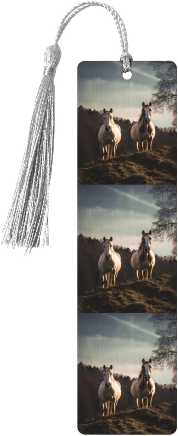 Horse on Mountain Bookmarks Gifts for Women Men, Wooden Bookmarks for Book Lovers, Vintage Book Marks Ornaments with Tassel, Unique Personalized Reading Page Markers Gray