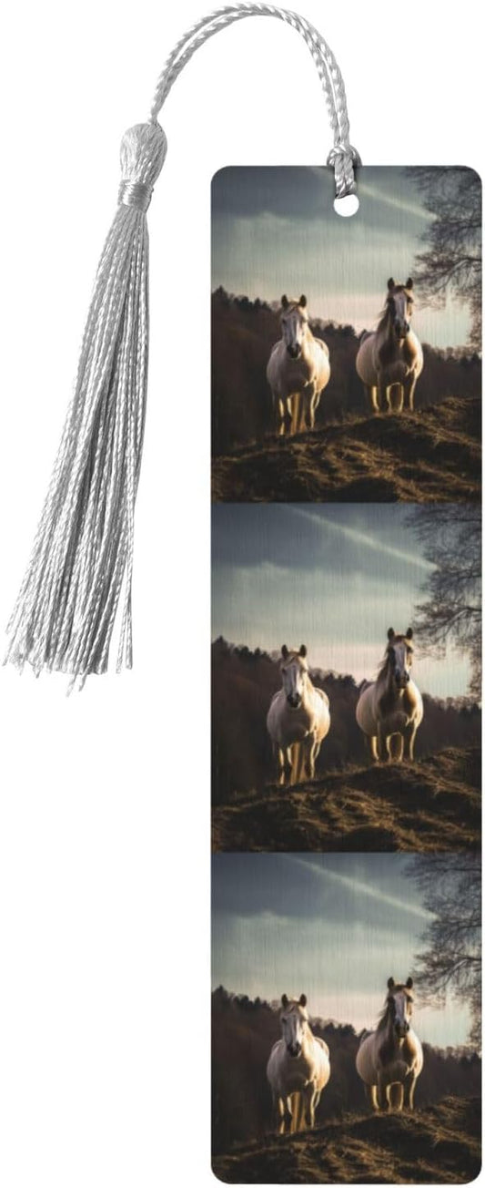 Horse on Mountain Bookmarks Gifts for Women Men, Wooden Bookmarks for Book Lovers, Vintage Book Marks Ornaments with Tassel, Unique Personalized Reading Page Markers Gray