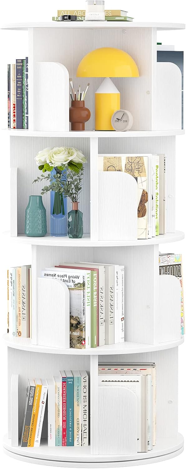 Aheaplus Rotating Bookshelf, Small Corner Bookshelf for Small Space, 360 Display 4 Tier Floor Standing Bookcase Storage Rack, Wood Narrow Book Shelf Organizer for Bedroom, Living Room, White