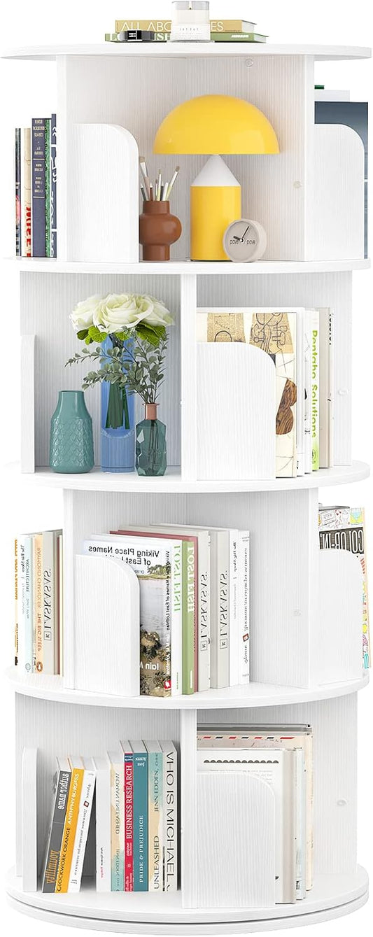 Aheaplus Rotating Bookshelf, Small Corner Bookshelf for Small Space, 360 Display 4 Tier Floor Standing Bookcase Storage Rack, Wood Narrow Book Shelf Organizer for Bedroom, Living Room, White