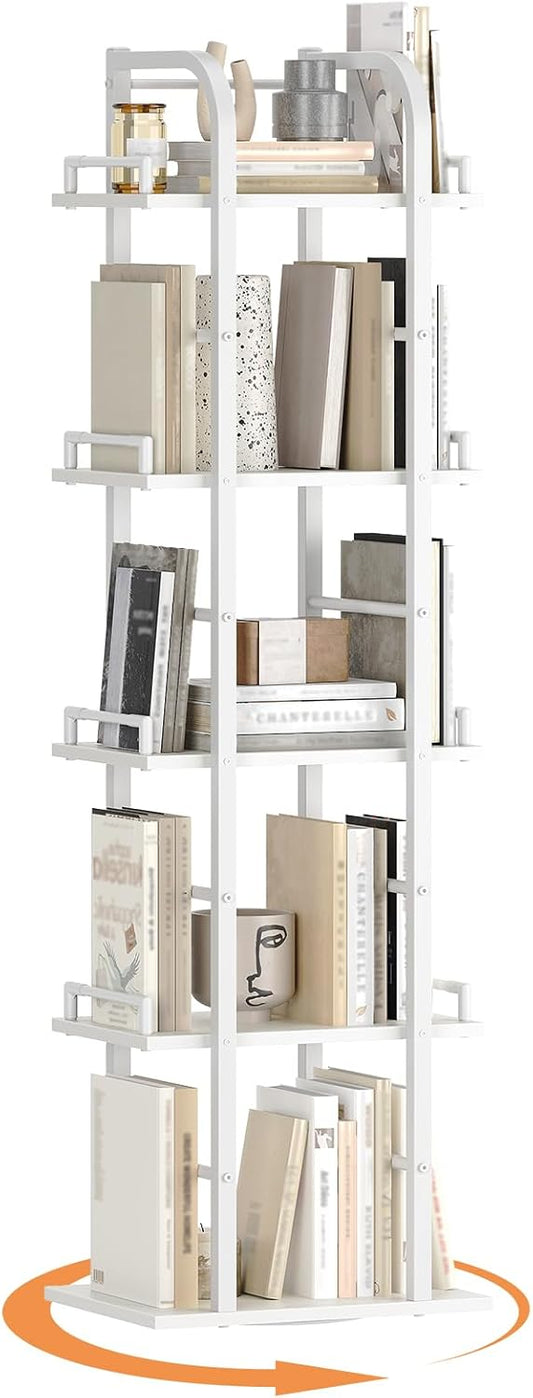 5 Tier Rotating Bookshelf, Freestanding Corner Bookshelf, 360 Spinning Bookcase Tower, Tall Industrial Style Organizer, Storage Shelf Bookcase for Living Room, Study, White SJ02WW