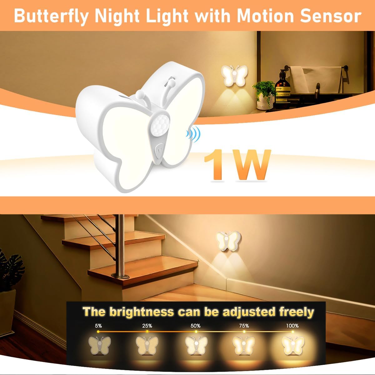 Dimmable Butterfly LED Night Light for Kids Bright Motion Sensor Night Light Lamp with Spotlight Magnetic Rechargeable Nightlight Rechargeable Nightlight for Kid Room, Bedroom, Hallway, Stairs
