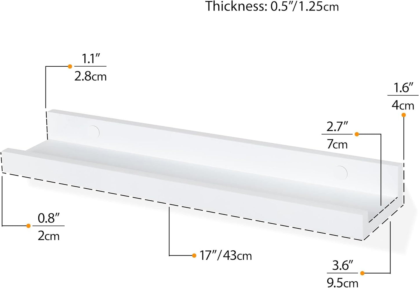 Wallniture Denver 17" White Floating Bookshelf and Picture Ledge for Kids Room Decor and Nursery Shelves for Wall, Set of 2