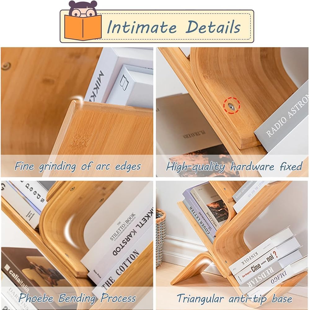 Modern 8-Tier Bamboo Bookshelf, Curved Wood Bookcase Organizer for Living Room & Bedroom, Space-Saving Book Storage Rack, Stylish Decorative Shelves, 5-Layer Design