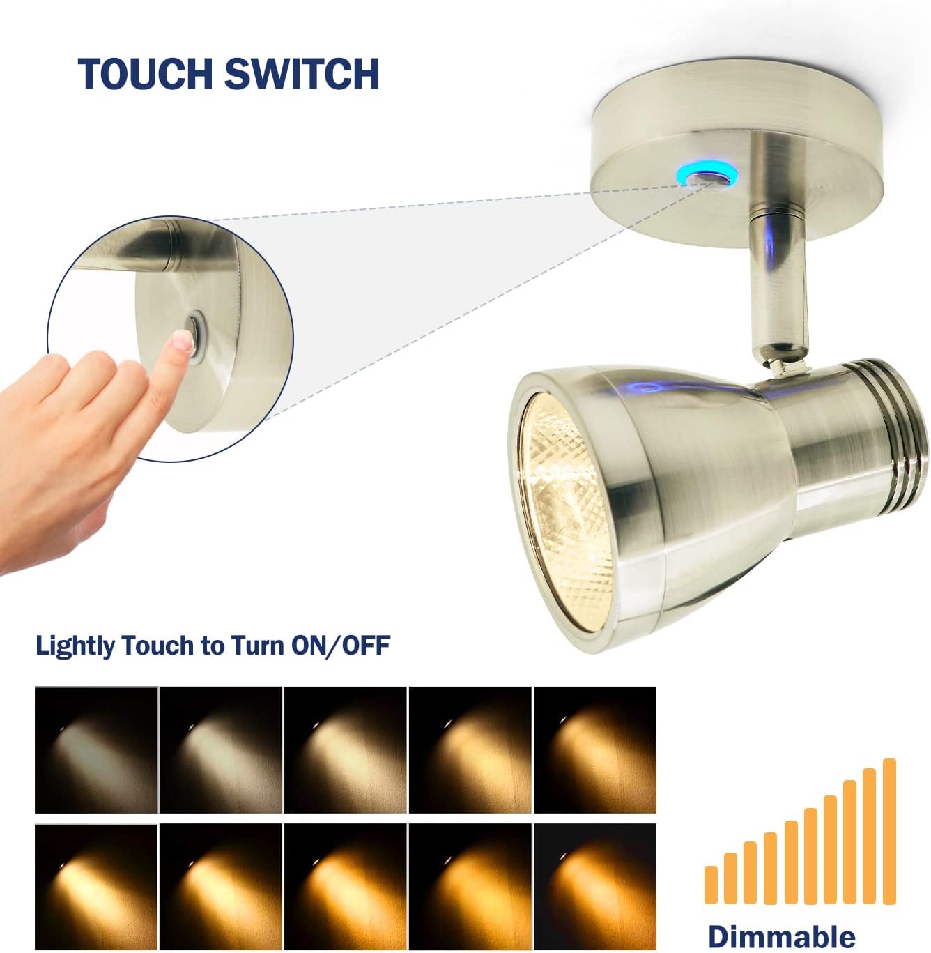 THALASSA RV Overhead Reading Light 12V LED Spotlight Camper Motorhome Interior Warm Light Brushed Nickel with Blue Small Reminder Light, Adjustable Touch Dimmer Switch 3W DC 10-30V