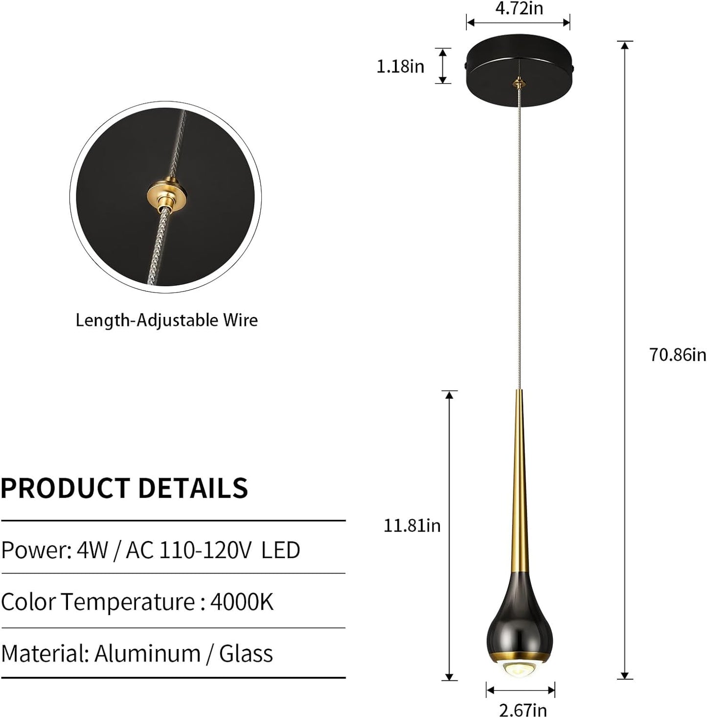 Modern LED Dimmable Pendant Light fixtures,Mini Black Gold Pendant Lighting for Kitchen Island Dinning Room,Bedroom,Bar, Kitchen Island Ceiling Hanging Light Fixtures(1-Pack)