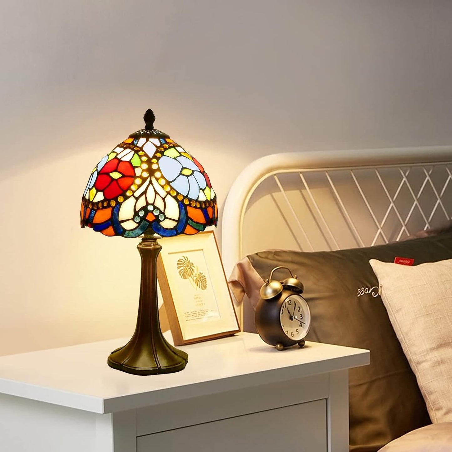 Tiffany Style Table Lamp Heart Rose Floral Vintage Bedside Table Light Desk Lamps Accent Small Lamp 15" Tall 8" Wide Reading Lamp with Color Changing LED Bulb