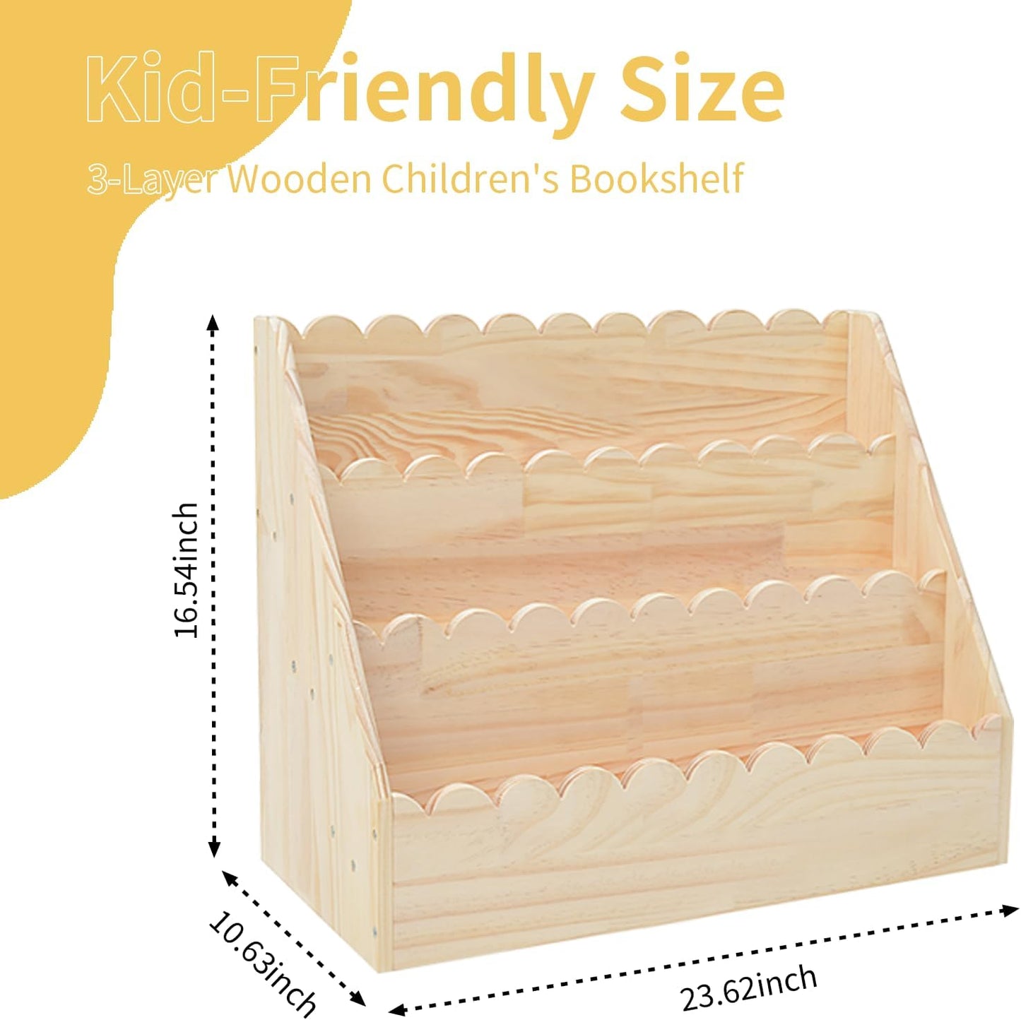 3-Tier Wooden Kids Bookshelf with Deep Storage Pockets | Montessori Bookcase for Toddlers,Nursery&Bedroom | Kids Book Storage & Toy Organizer for Children's Room (Large)