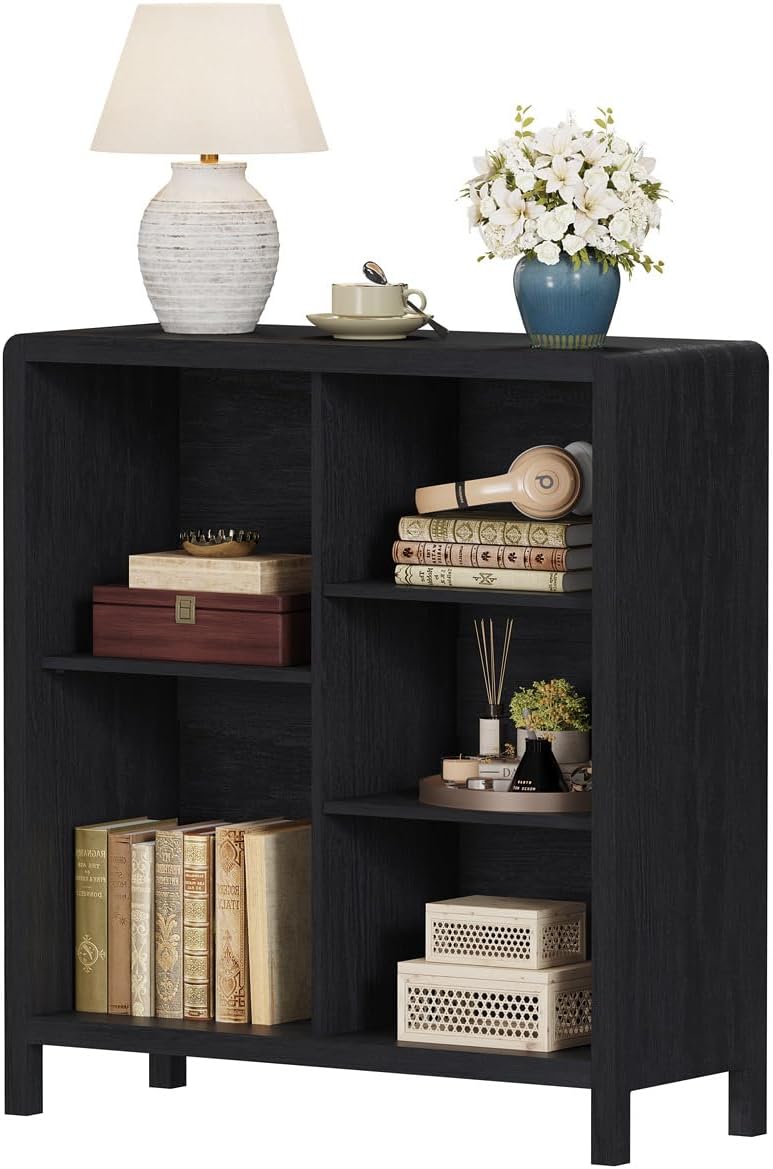 FATORRI 5 Cube Bookshelf, Wood Bookcase with 3 Adjustable Shelves, Farmhouse Cube Storage Organizer Shelf for Small Space Bedroom Living Room (Black)