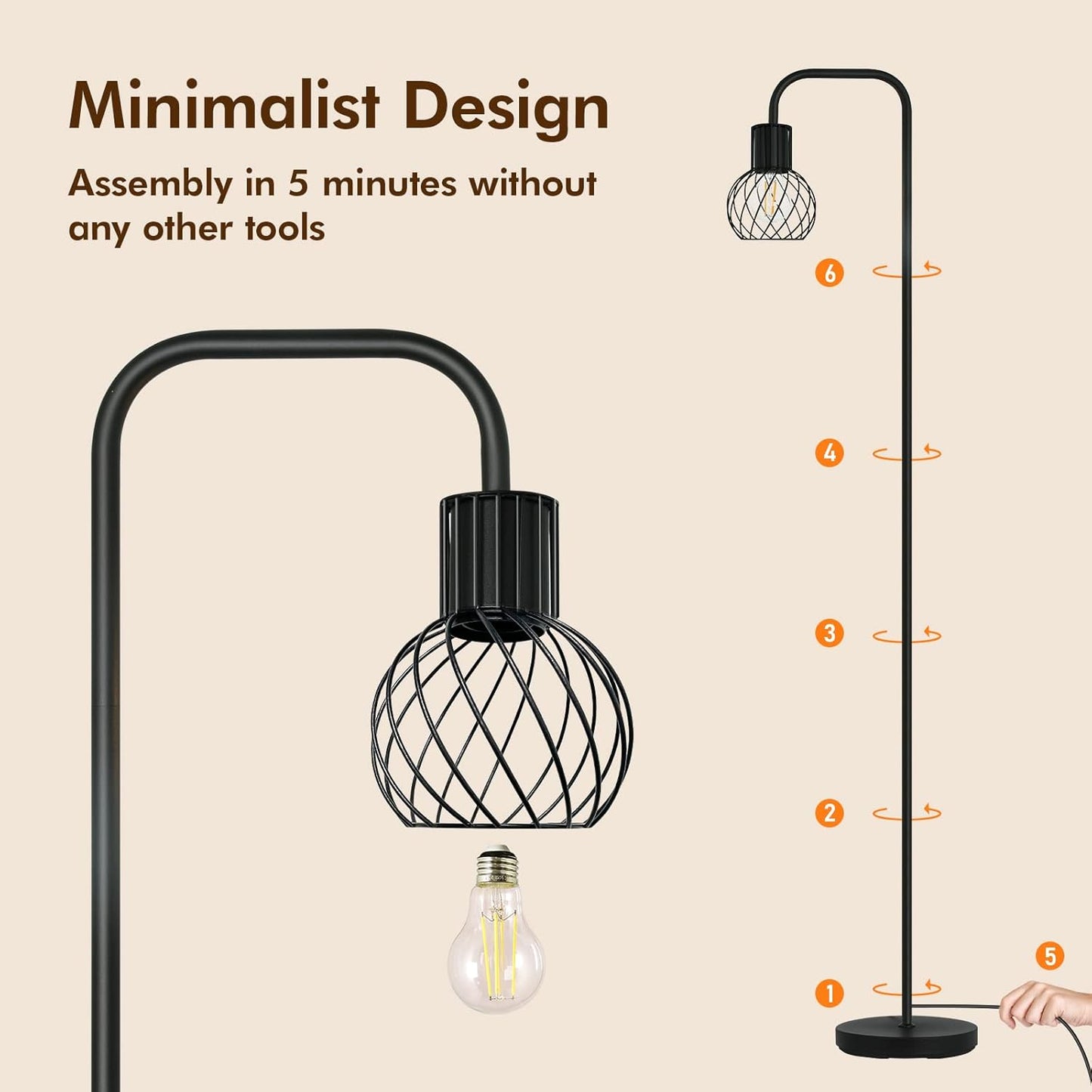Industrial Floor Lamp, LED Standing Lamp Modern with 6W LED Bulb, Foot Switch, Metal Tall Lamps for Living Room, Bedroom, Office, Vintage Stand Up Light, Minimalist Farmhouse Floor Lamp in Black