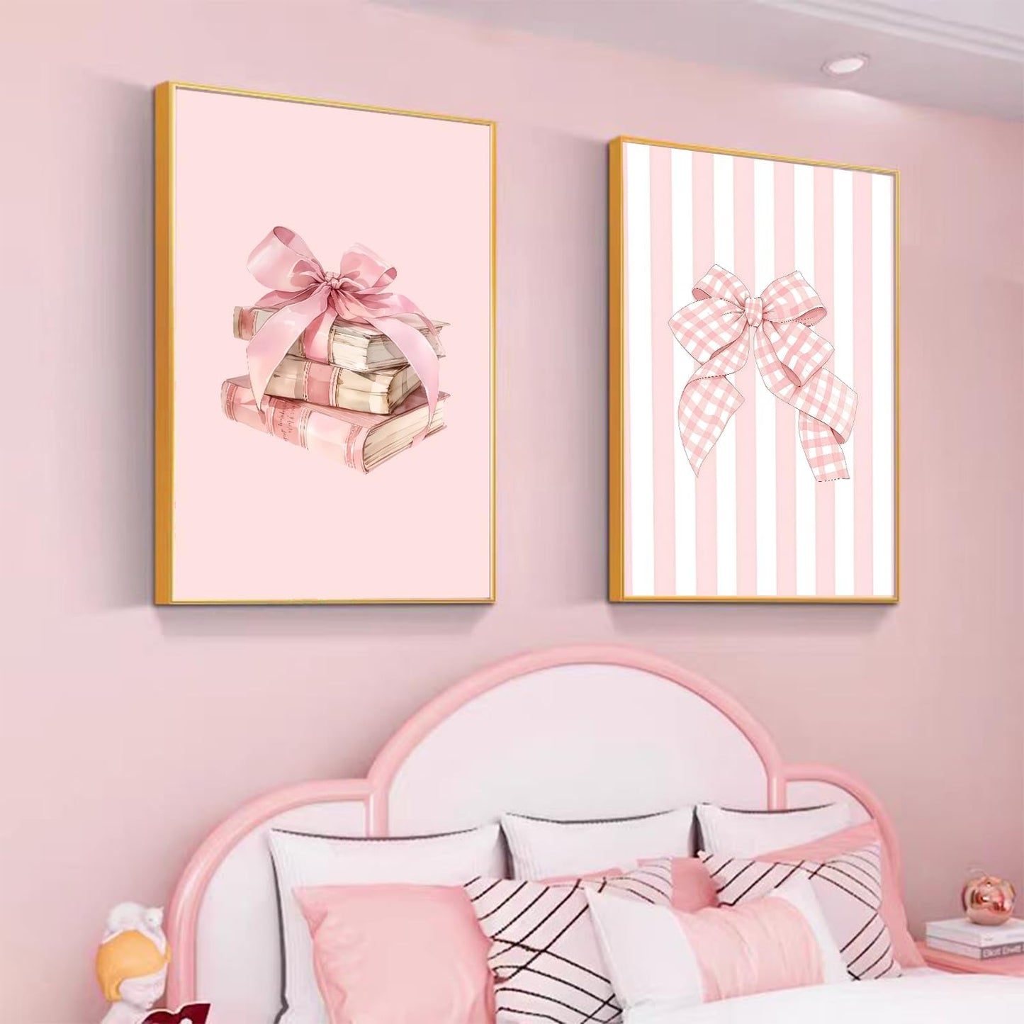 3Pcs Pink Bow Canvas Wall Art Coquette Preppy Reading Poster Print Pink Book Stripes Aesthetic Pictuer Painting for Girl's Room College Dorm Bedroom Living Room Library Wall Deocr （16×24in Unframed）