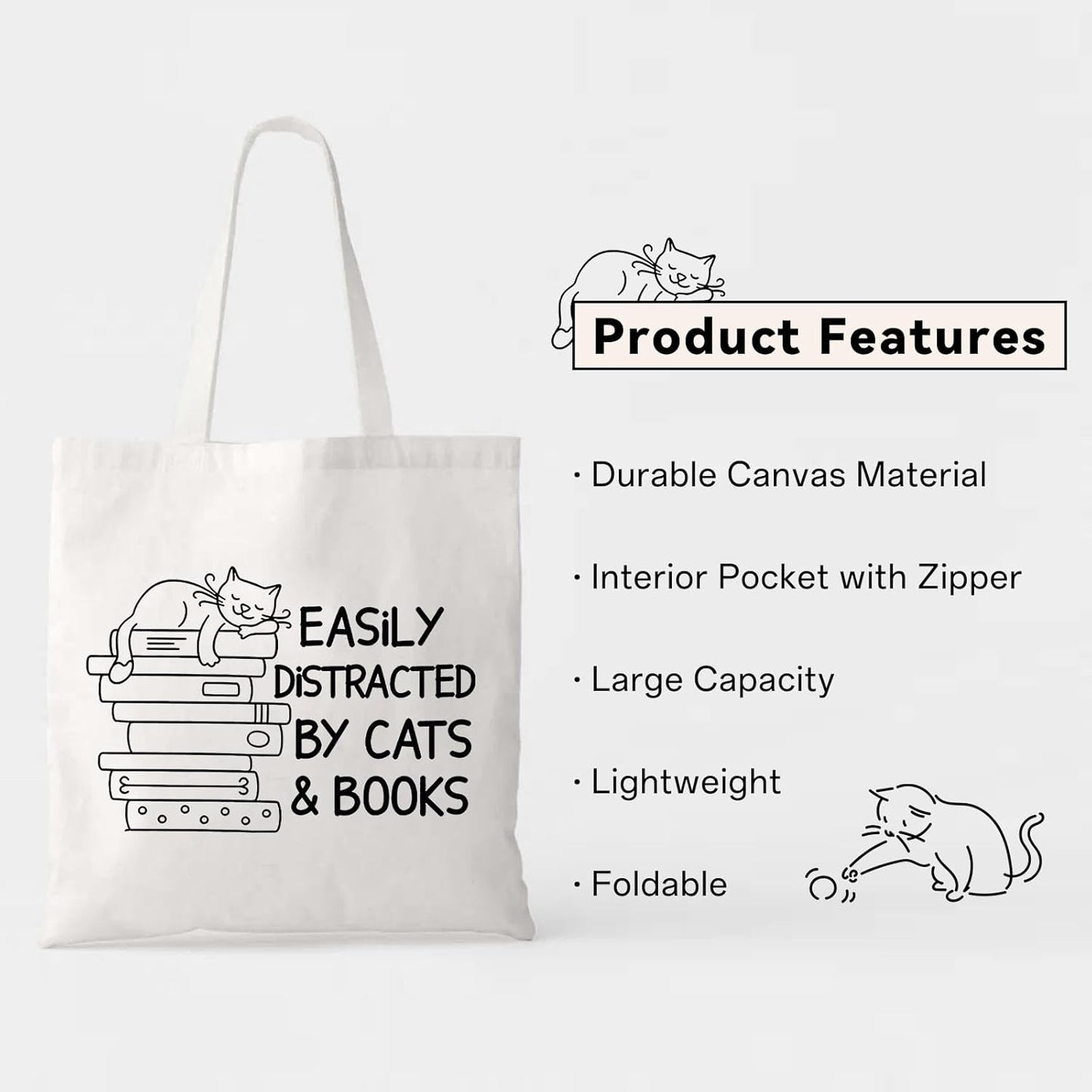 Book Lovers Gifts Cat Lover Gifts for Women Canvas Tote Bag Bookish Accessories Club Cat Themed Gift