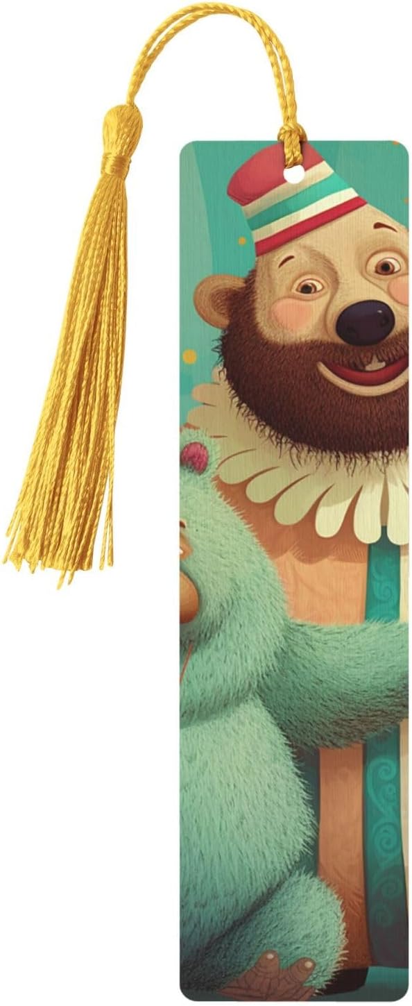 Clown and Bear Bookmarks Gifts for Women Men, Wooden Bookmarks for Book Lovers, Vintage Book Marks Ornaments with Tassel, Unique Personalized Reading Page Markers Gold