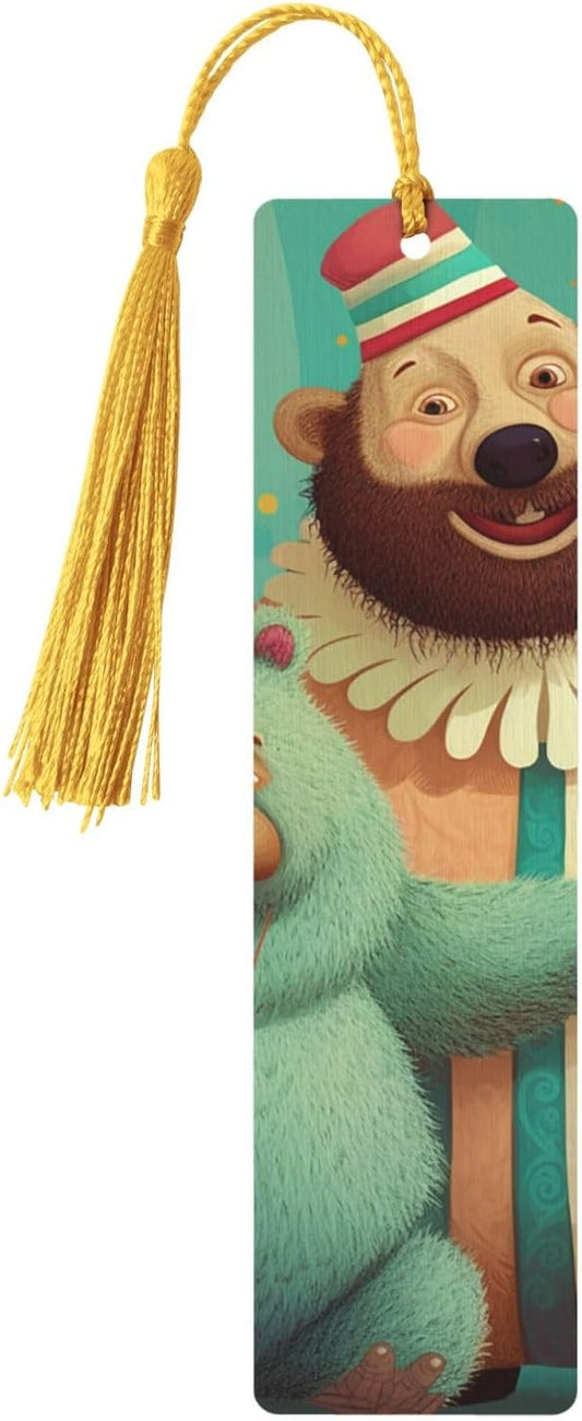 Clown and Bear Bookmarks Gifts for Women Men, Wooden Bookmarks for Book Lovers, Vintage Book Marks Ornaments with Tassel, Unique Personalized Reading Page Markers Gold