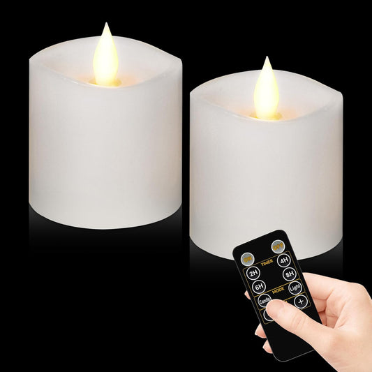Flickering Flameless Candles Battery Operated with Remote Timer - Realistic 3D Moving Flame Candles, 600+ Hours Long-Lasting White LED Wax Candles for Wedding Home Decor, 3x3 Inch Set of 2