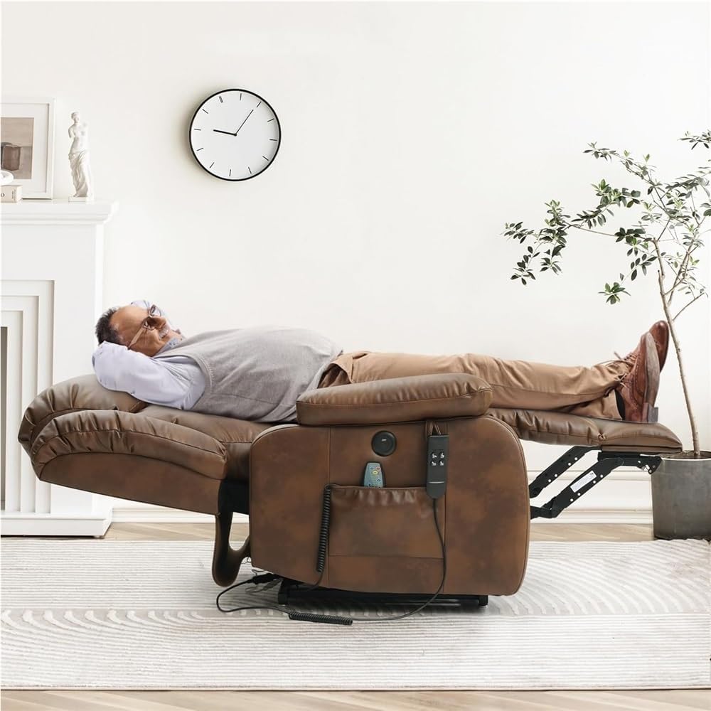 Overstuffed Leather Recliner Chair for Adults, Comfy Reclining Sofa with Padded Armrests and Back, Single Lounge Armchair for Living Room, Home Theater & Bedroom, Brown