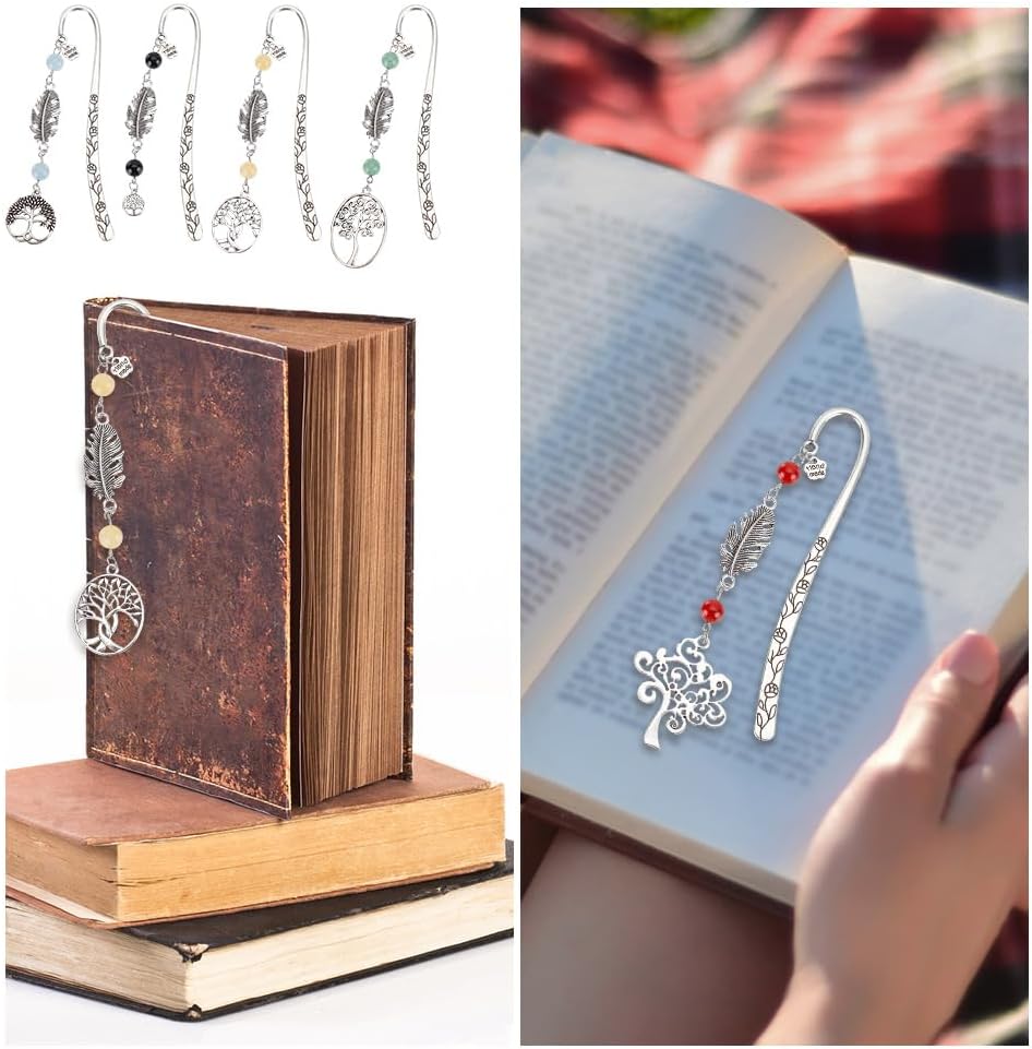 Tree of Life Bookmarks Metal Crystal 12pcs with Gemstone Beading Vintage Alloy Leaf Book Markers for Reading Book Lovers Teacher's Day Student Office Birthday
