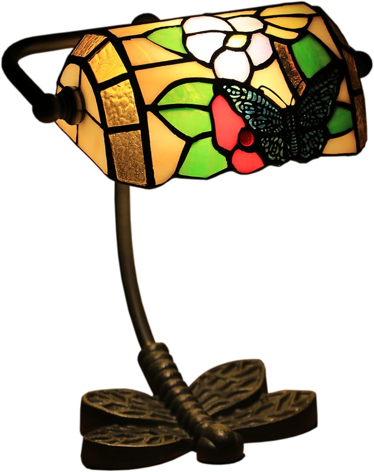 Mini Small Banker Lamp Tiffany Office Desk Lamp Stained Glass Table Lamp Luxury Memory Adjustable Accent Piano Reading Lamp for Living Room Bedroom Library Dragonfly Cast Iron Base,Butterfly