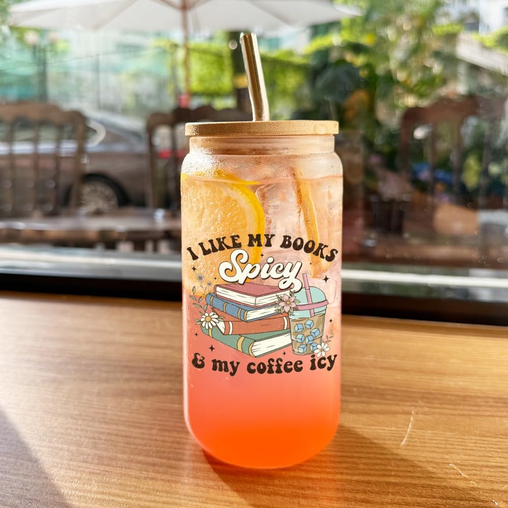 Funny Coffee Glass Cup Bookish Gifts for Women Mom Friend Book Lover Librarian,Book Themed Cute Drinking Glass Cup with Lids Straws,Reading Gifts for Birthday,I Like My Books Spicy & My Coffee Icy -8