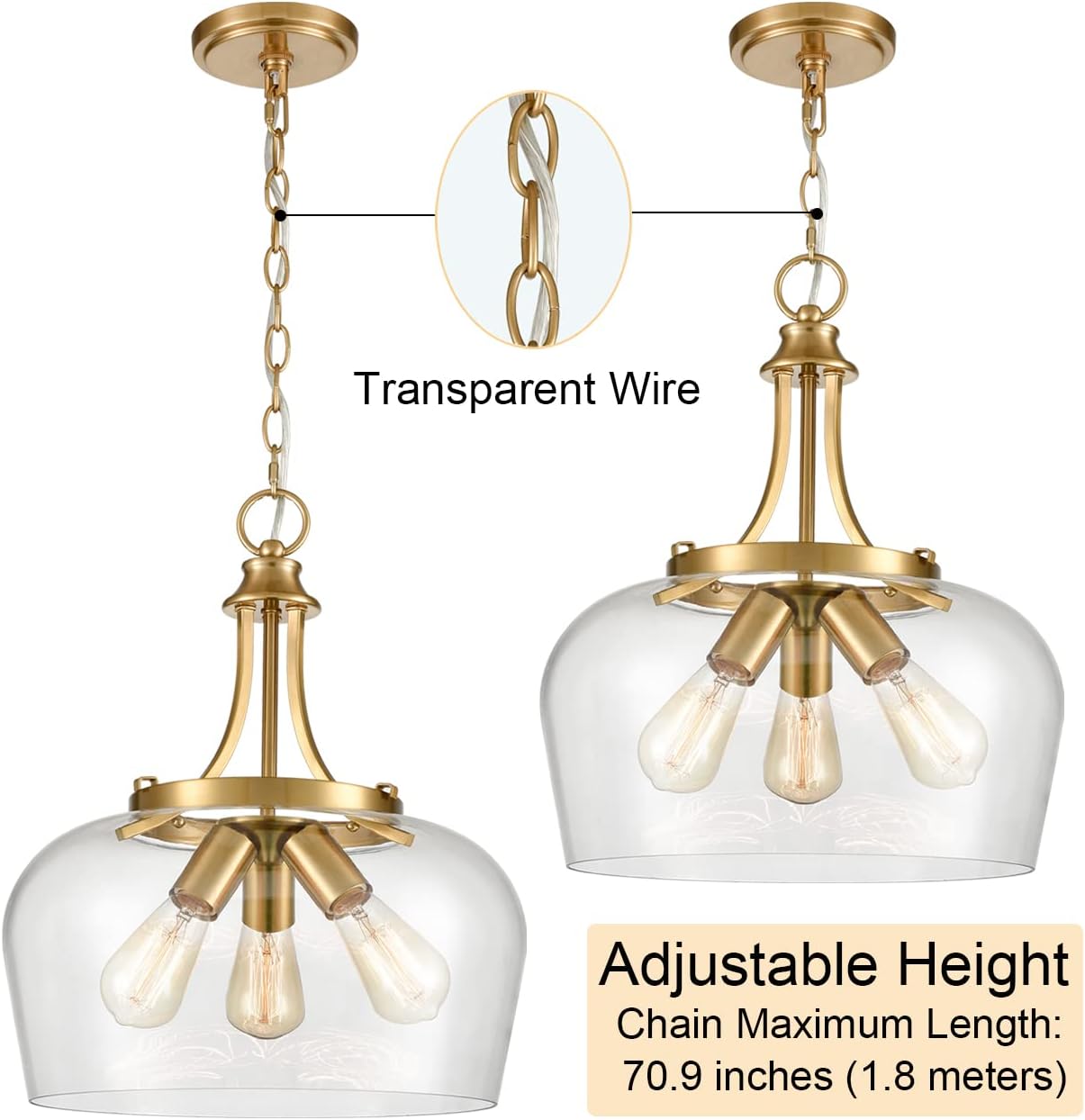 Modern Gold Pendant Light Mid Century 3-Light Clear Glass Pendant Lighting with Adjustable Chain Hardwired Brass Glass Pendant Lights Kitchen Island for Dining Room Bedroom Living Room