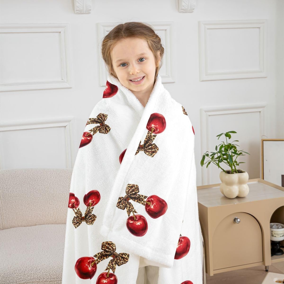 Feelyou Cherry Sherpa Throw Blanket for Couch Leopard Print Super Soft Cozy Fleece Cheetah Bow Blanket for Winter, Plush Throw Cute Cherry Gifts Throw 50"x60" All Season