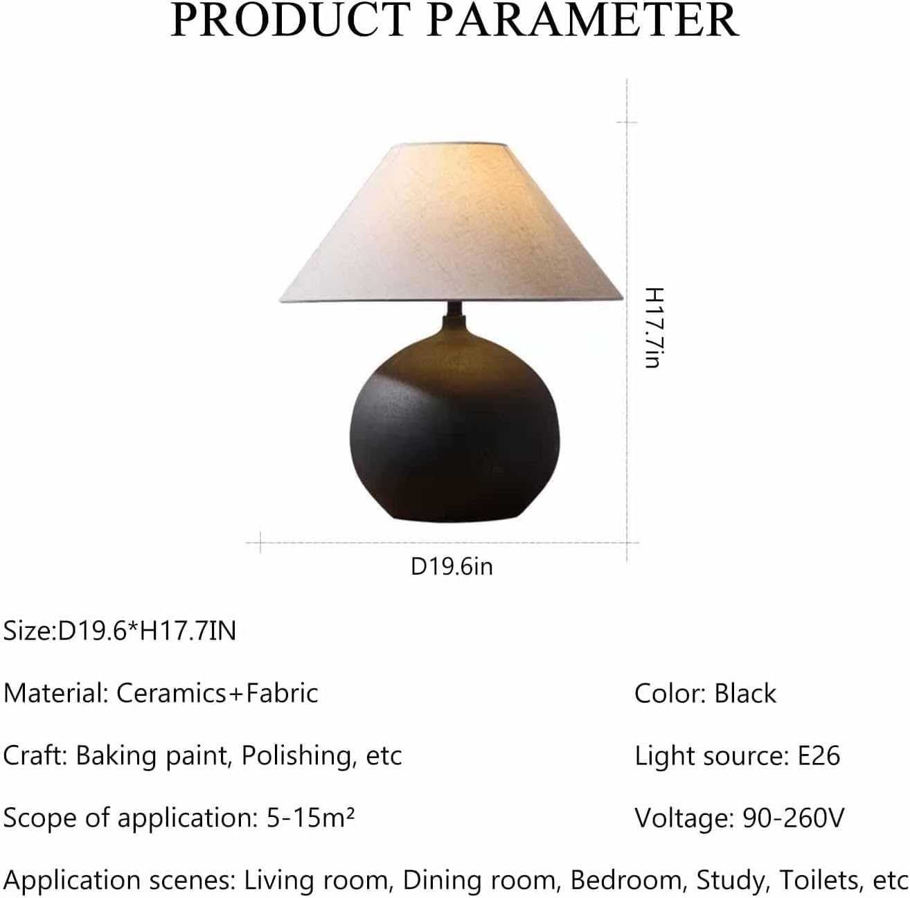 Rustic Round Black Ceramic Table Lamp 17.7'' Tall Farmhouse Black Crock Pot Desk Lamp Body with Tapered Fabric Shade Bedside Lamp for Living Room Bedroom House Office Entryway