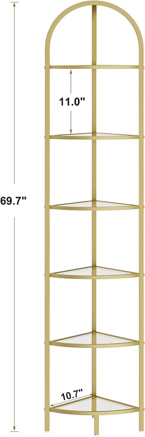 Homhedy 6-Tier Corner Shelf Stand, Metal Corner Bookshelf, Tempered Glass Shelves, Bathroom Storage Rack Shelf, Plant Stand, Modern Style, Golden