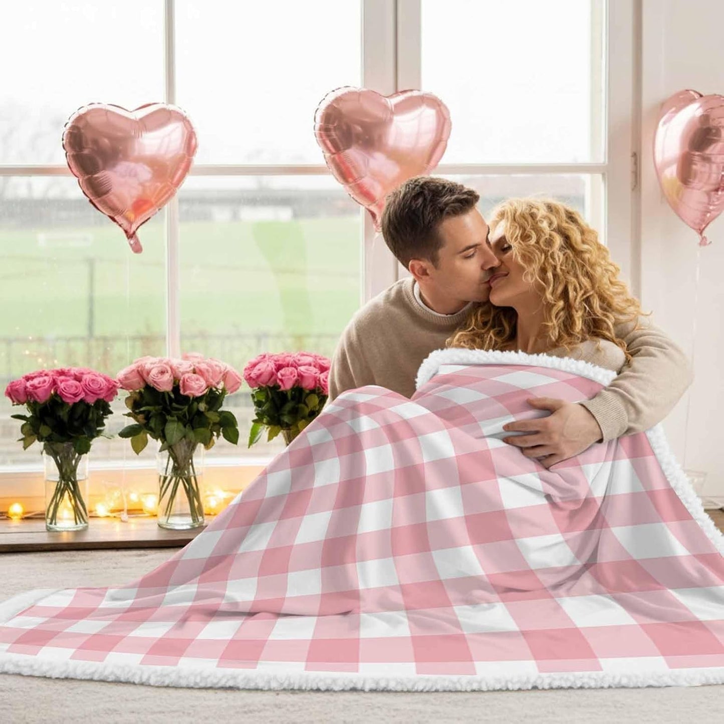 Valentine's Day Sherpa Throw Blankets Romantic Love Flannel Fleece Blanket Pink Buffalo Check Plaid Soft Cozy Warm Reversible Fluffy Plush Blankets and Throws for Couch Bed Sofa All Season 40x50