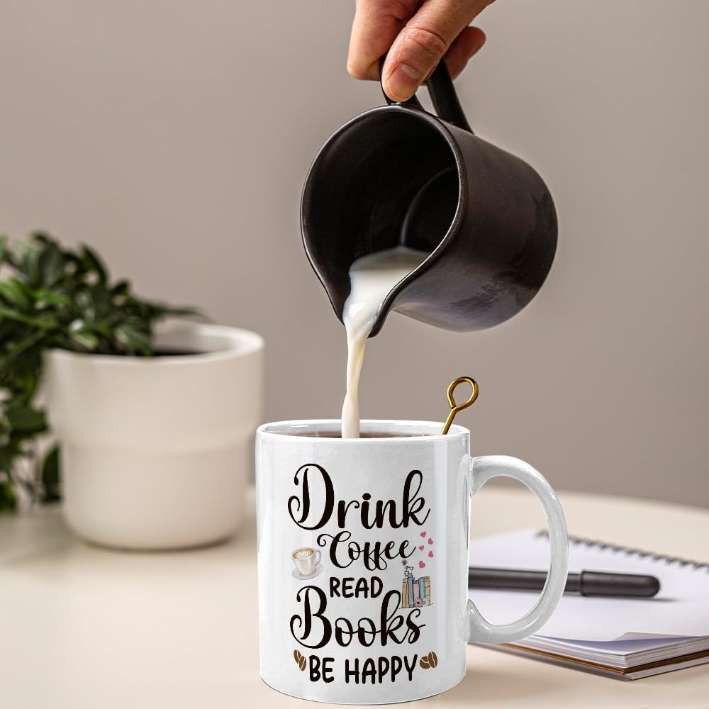 Book Lover Mug -Funny Bookish Gifts for Women, Book Club Gift, Librarian Reader Gift for Bookworms, Reading Themed Coffee Mugs - Drink Coffee Read Books Be Happy